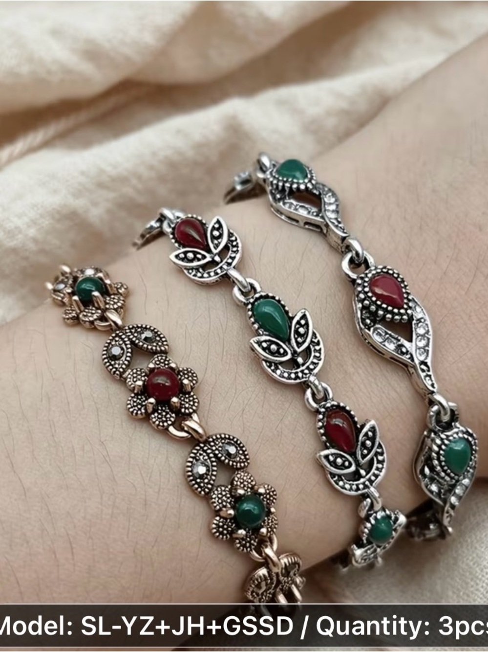 Vintage-Inspired Green and Red Stone Womenâs Bracelet Set